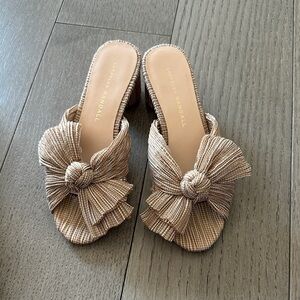 Loeffler Randall Emilia Tan and White Bow Mules